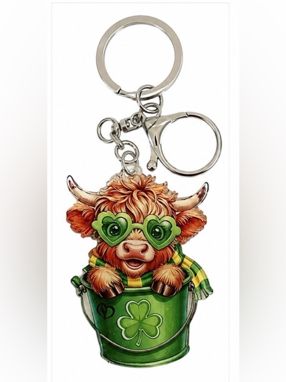 Green Shamrock Highland Cow Keychain